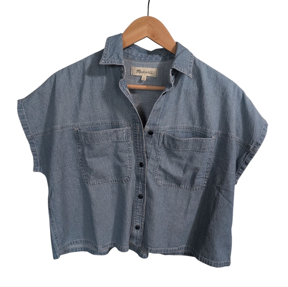 Madewell Cropped Denim Collared Button Down  Breast Pocket Short Sleeve Shirt